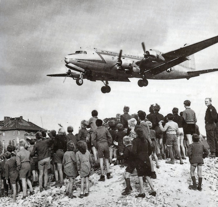 1948 photograph of a U.S. Air Force C-54 cargo plane landing during the Berlin Airlift