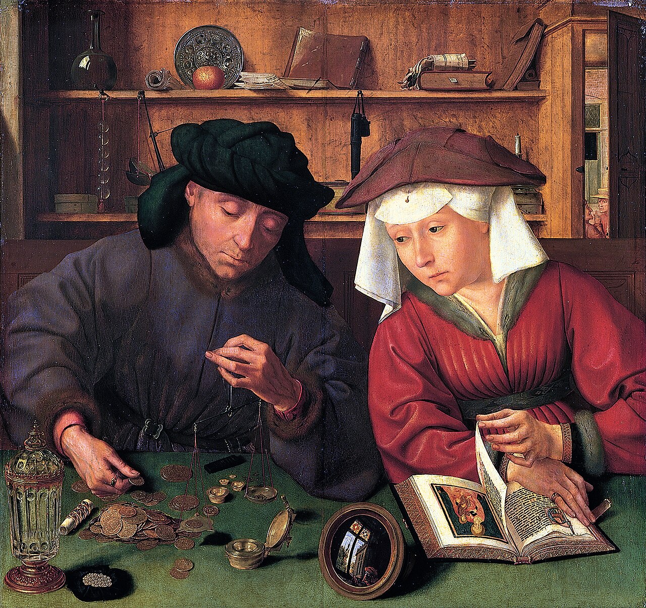 1514 painting of a moneylender and his wife weighing coins and examining account books