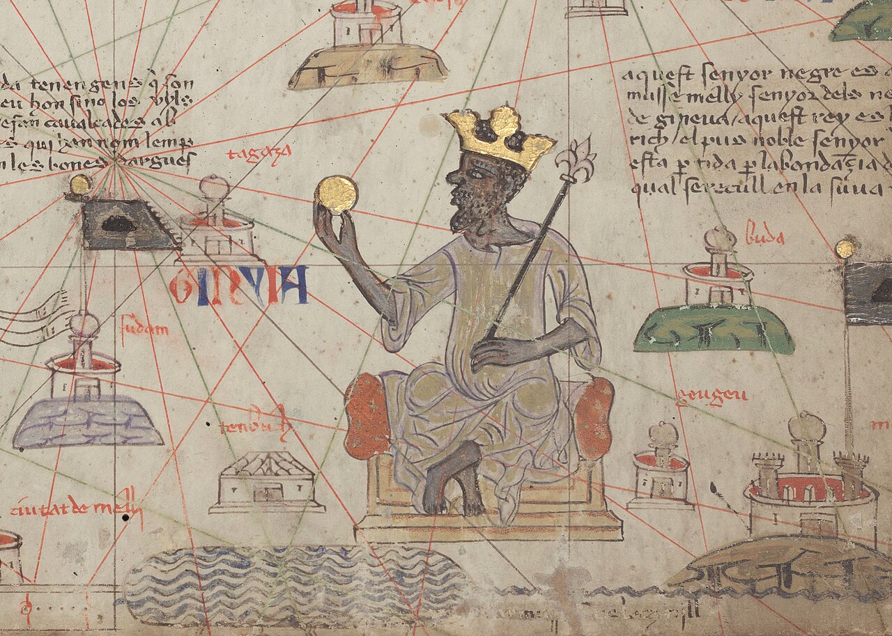 1375 Catalan Atlas depiction of Mansa Musa, ruler of the Mali Empire, holding gold
