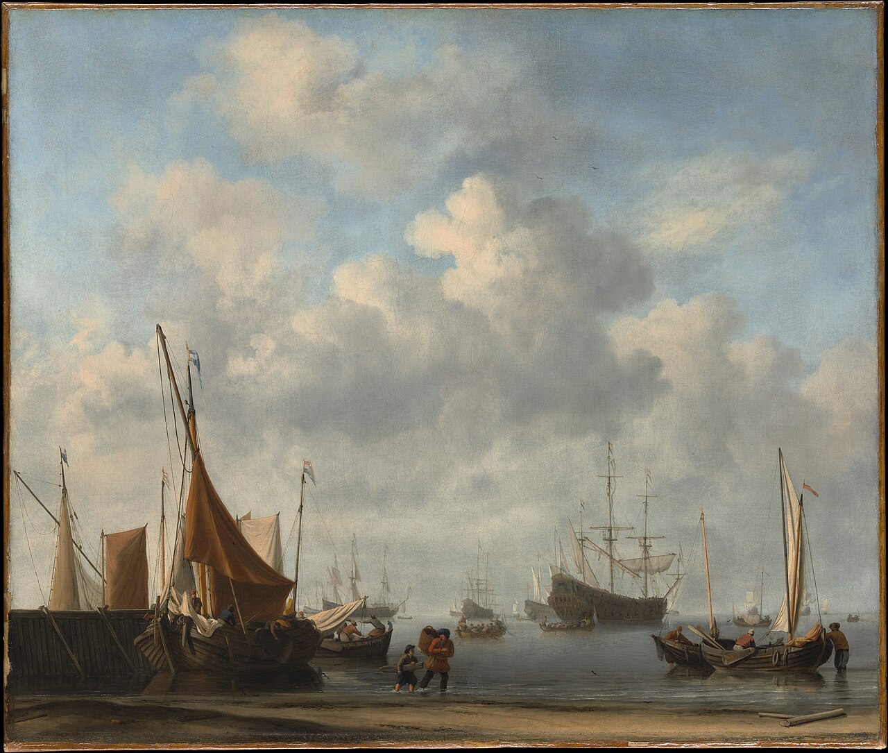 Painting of ships entering a busy 17th-century Dutch harbor