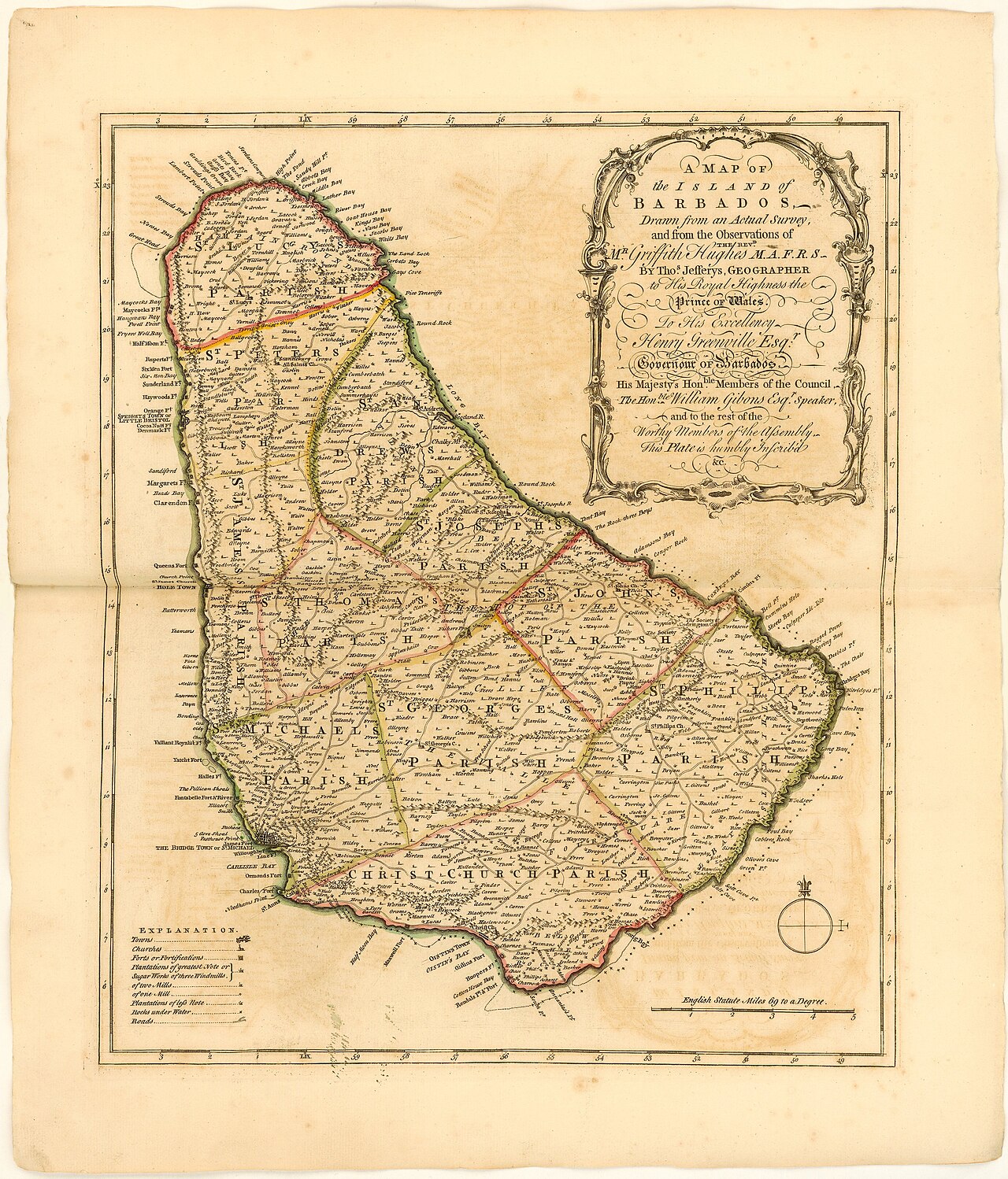 1750 map of Barbados showing parishes, sugar mills, and plantation holdings