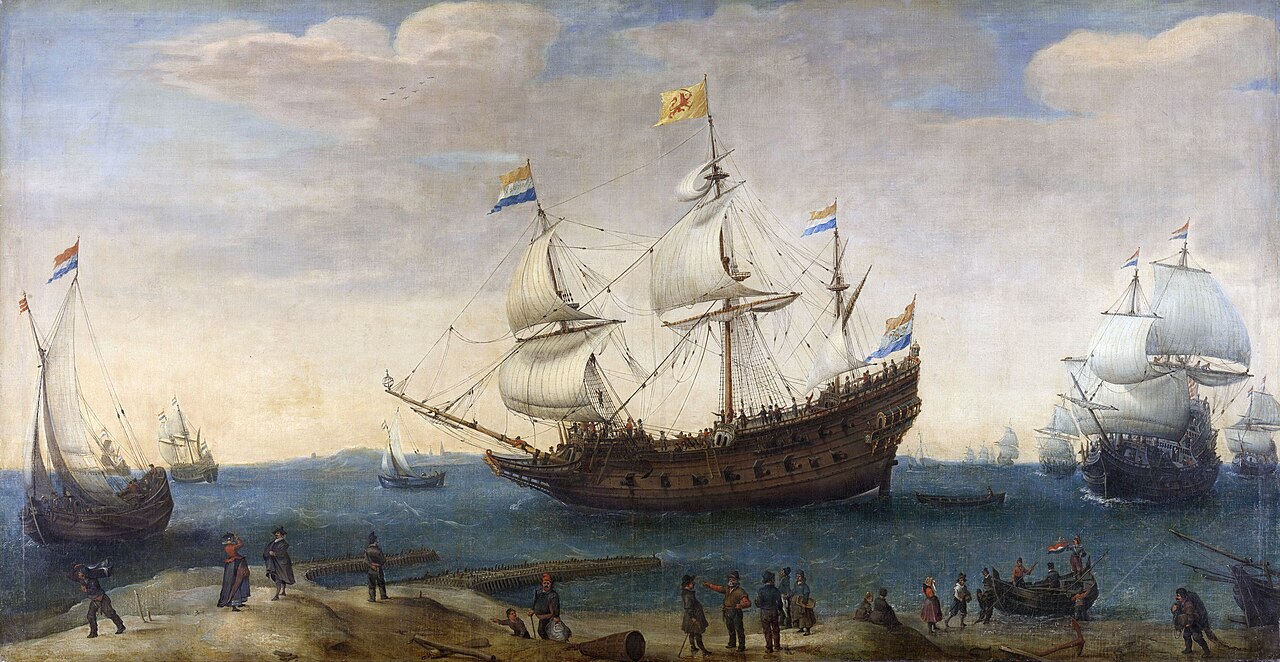 Painting of Dutch East India Company merchant ships off the coast in the early 17th century