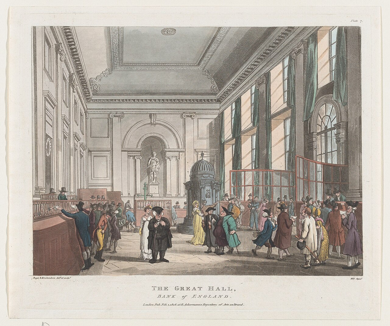1808 hand-colored print of the Great Hall inside the Bank of England
