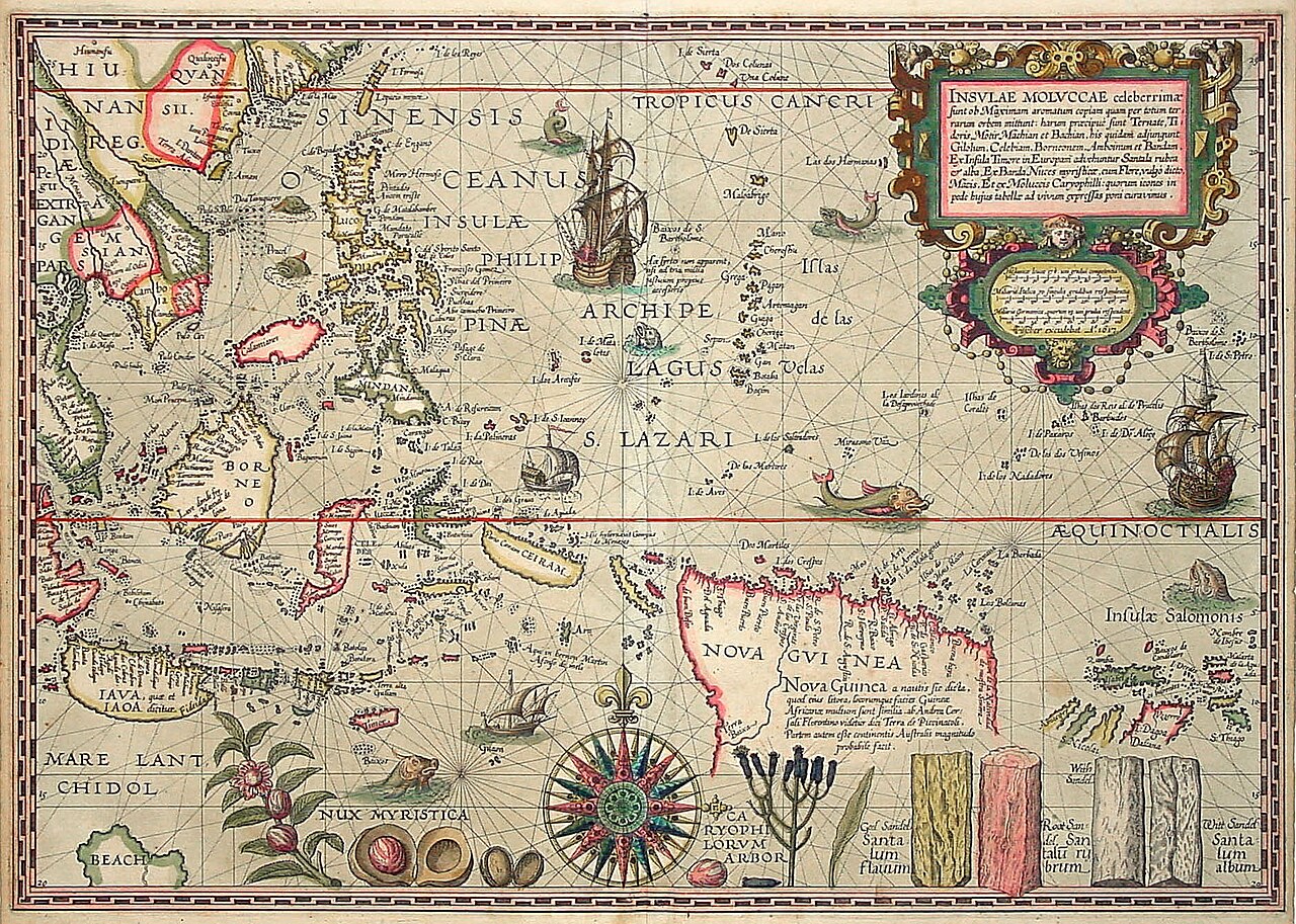 1592 engraved map of the Moluccas, the historic Spice Islands of Southeast Asia