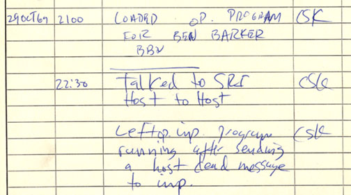 Handwritten log sheet recording the first message sent over ARPANET on October 29, 1969