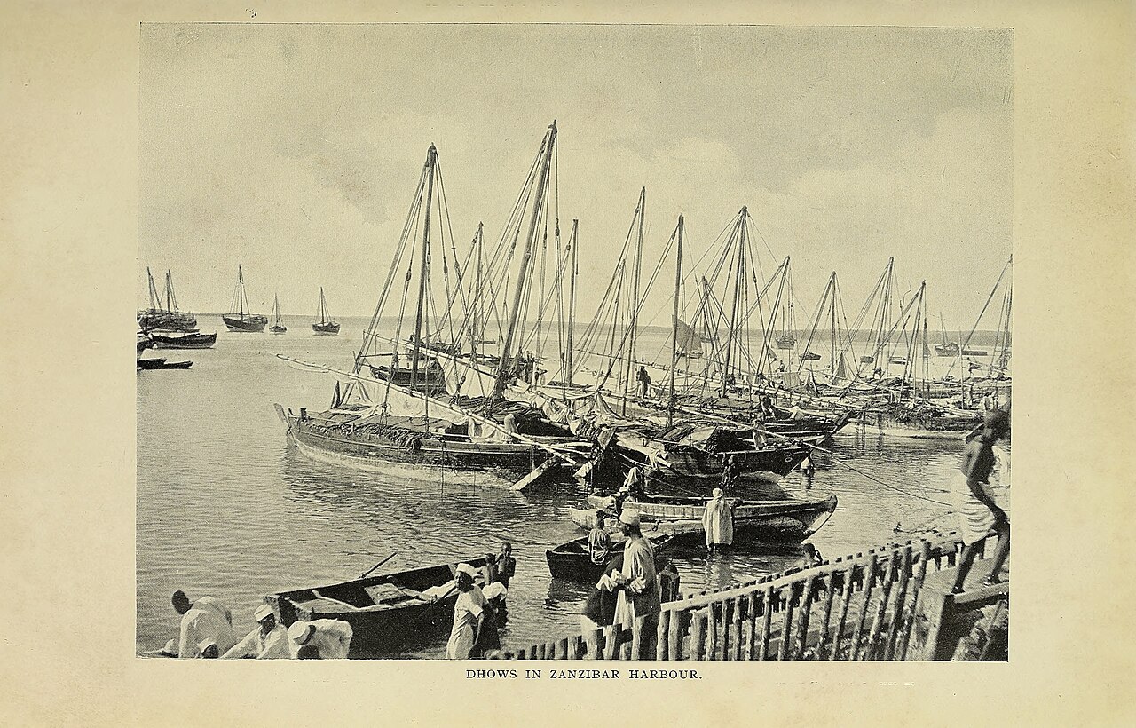 Historic 1909 image of dhows anchored in Zanzibar Harbour, ships of Indian Ocean trade